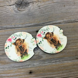 Floral Highland Cow Car Coasters, Set of 2