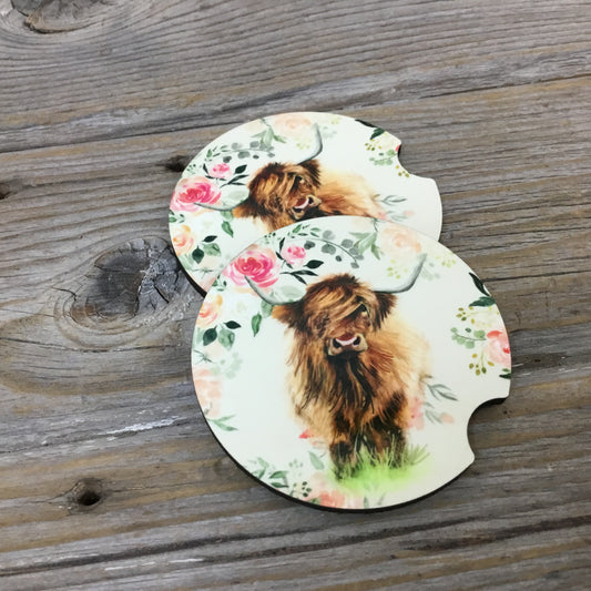 Floral Highland Cow Car Coasters