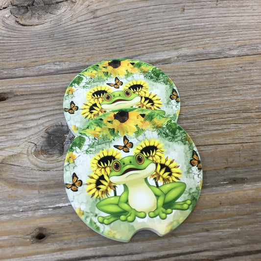 Sunflower Frog Car Coasters, Set of 2 Car Coasters