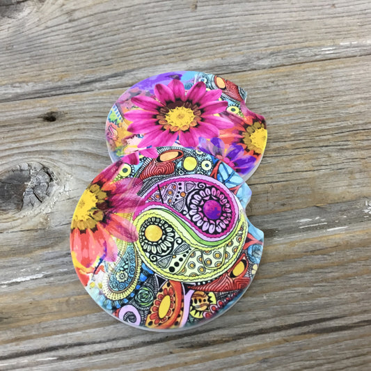 Retro Paisley Rainbow Floral Car Coasters, Set of 2 Car Coasters