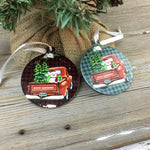 Red Truck Pig Christmas Ornament Double Sided