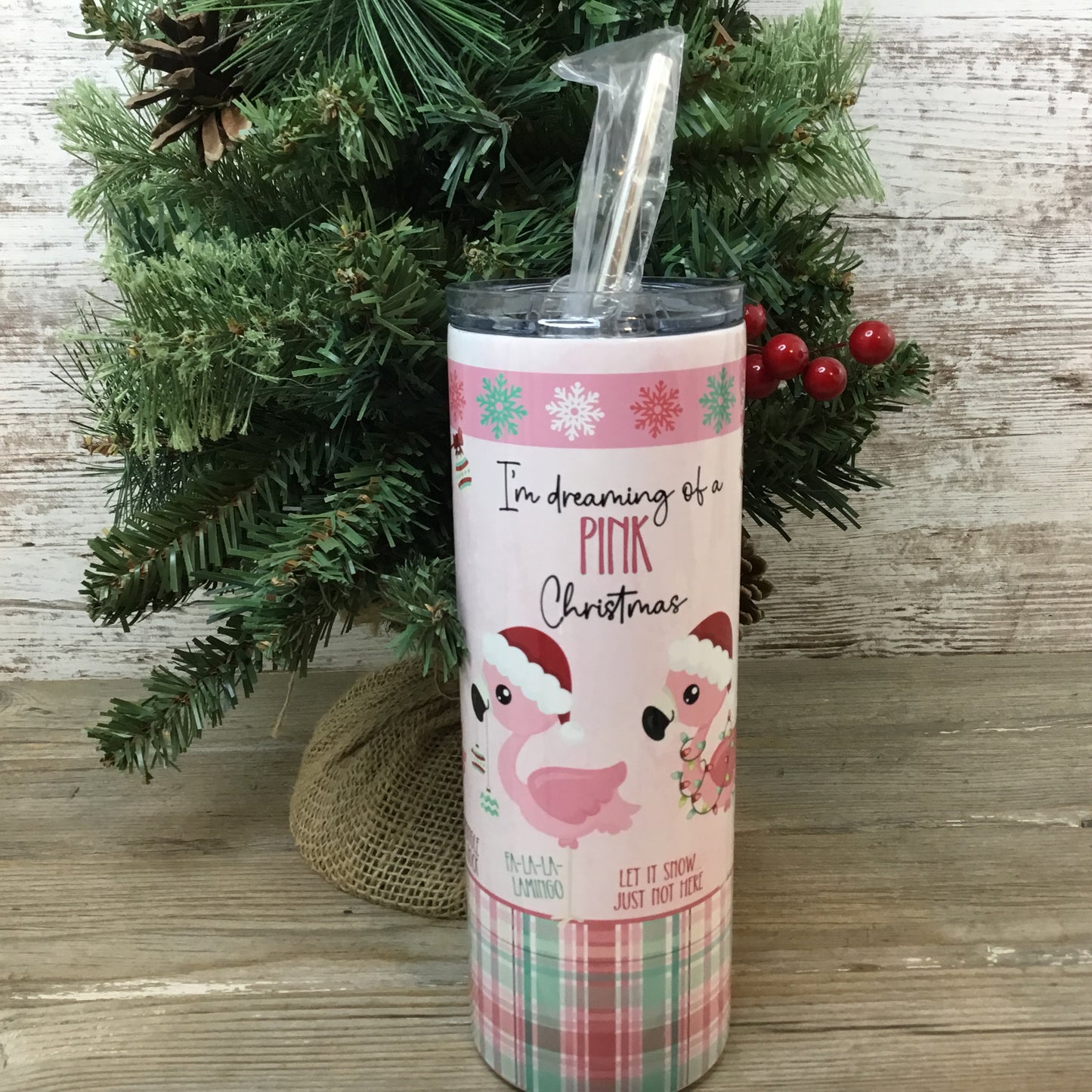 Flamingo Pink Christmas 20 oz Skinny Tumbler