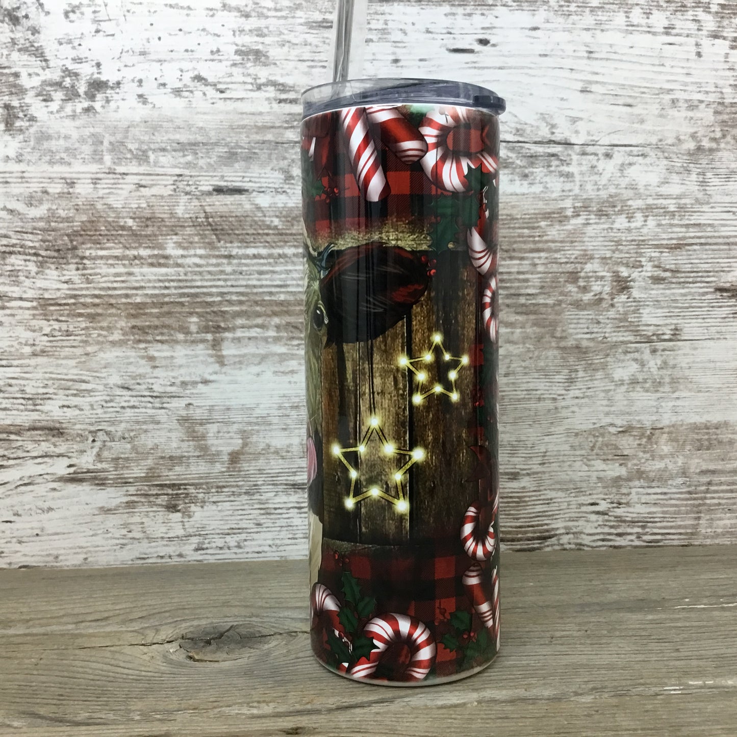 Christmas Cow 20 oz Skinny Tumbler with Straw & Lid - Candy Cane Design