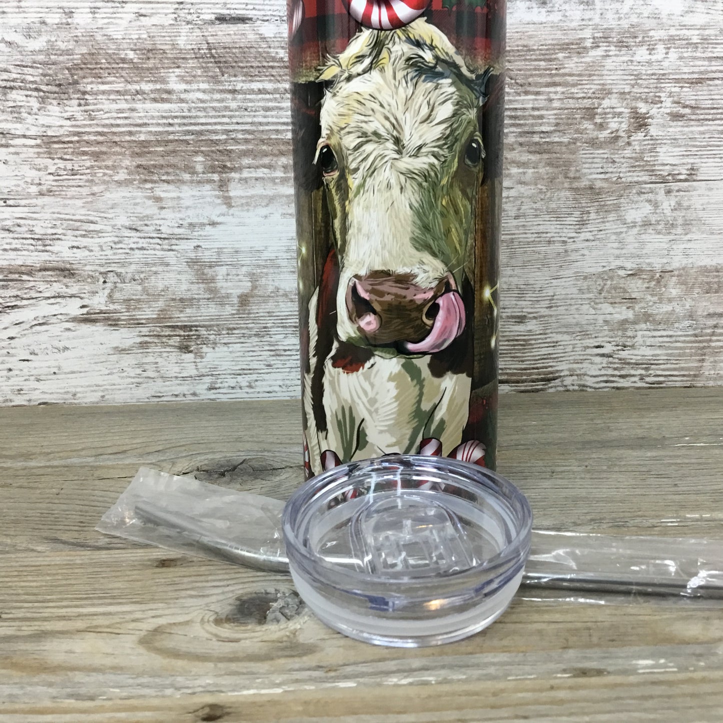 Christmas Cow 20 oz Skinny Tumbler with Straw & Lid - Candy Cane Design