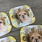 Sunflower Alpaca Rustic Wood Hardboard Coasters, Set of 4