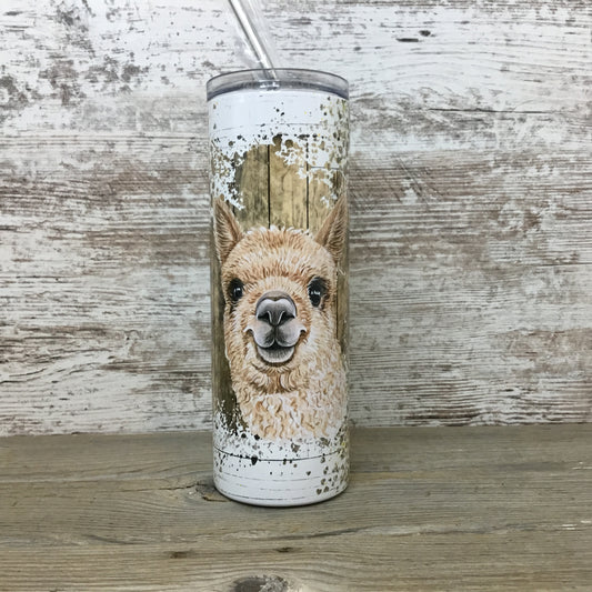 Sunflower Alpaca Rustic Wood 20 oz Skinny Tumbler with Straw & Lid