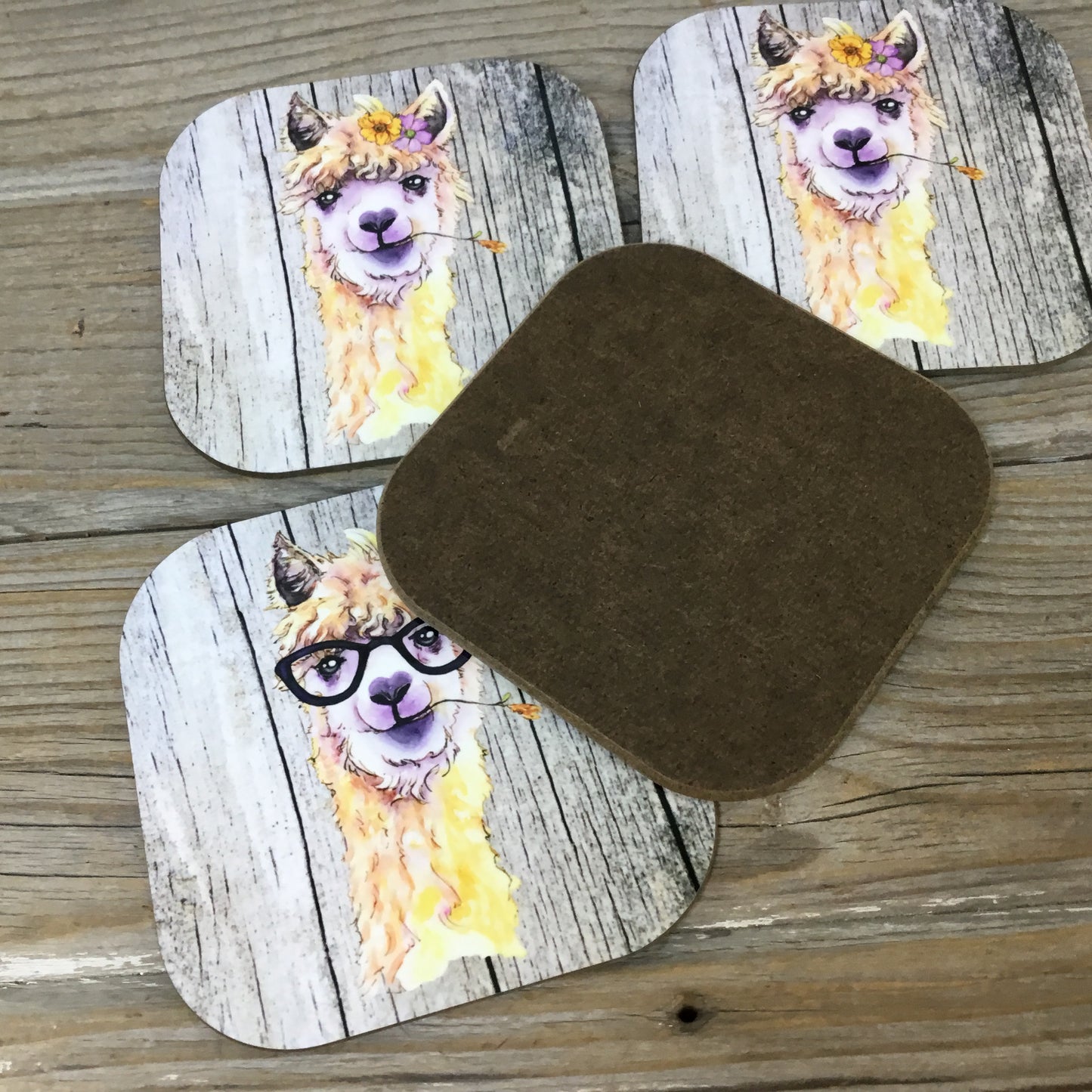 Watercolor Alpaca Hardboard Coasters, Set of 4