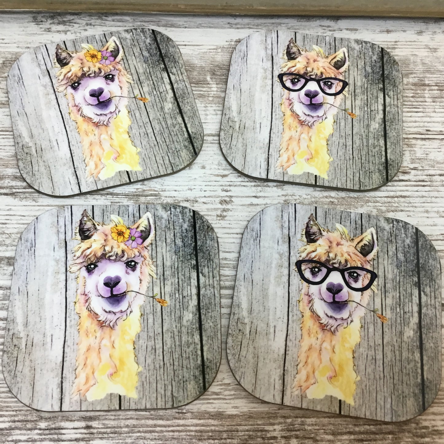 Watercolor Alpaca Hardboard Coasters, Set of 4