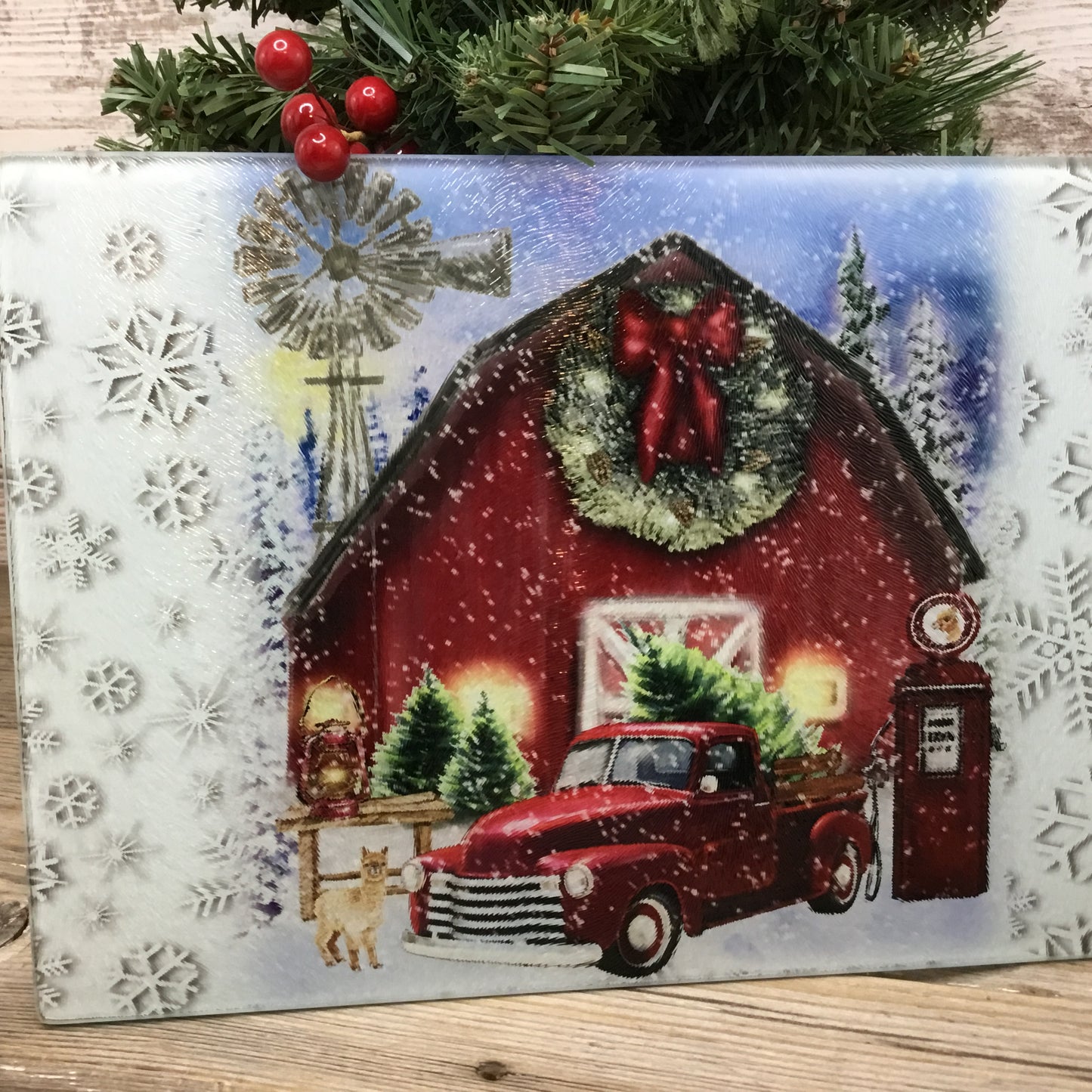 Red Truck Alpaca Christmas on the Farm Glass Cutting Board