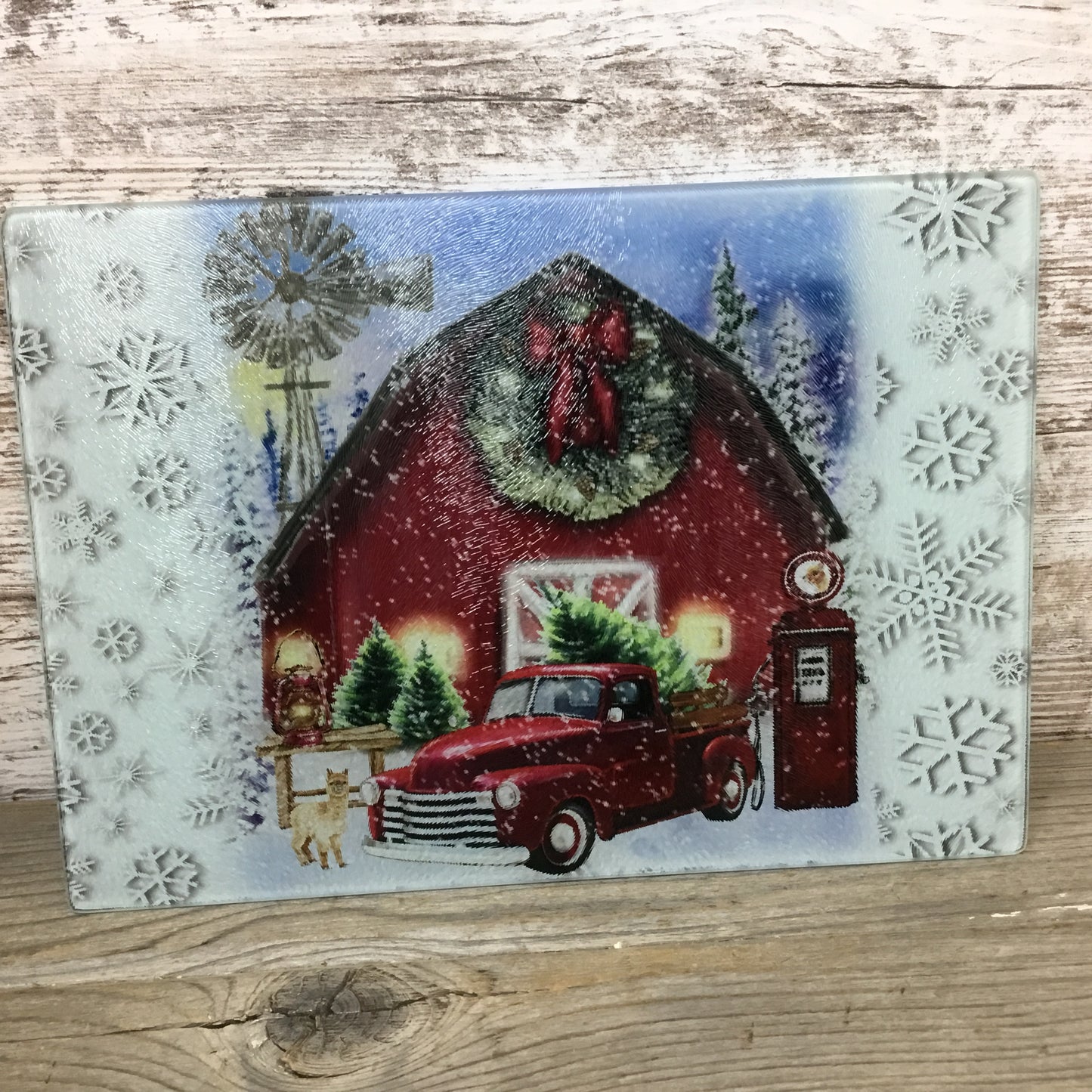 Red Truck Christmas on the Farm Alpaca Glass Cutting Board