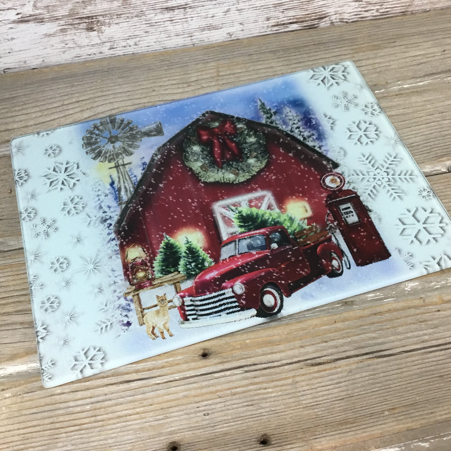 Red Truck Christmas on the Farm Alpaca Glass Cutting Board