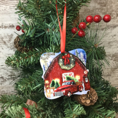 Red Truck Christmas on the Farm Alpaca Ornament Double Sided