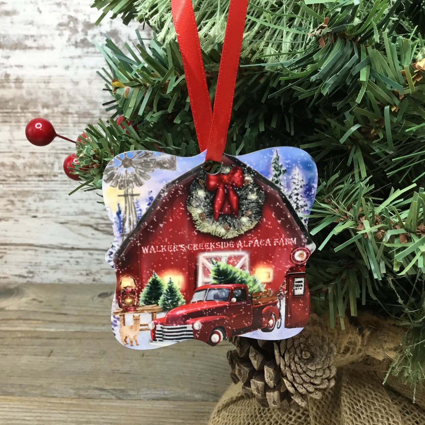 Red Truck Christmas on the Farm Alpaca Ornament Double Sided