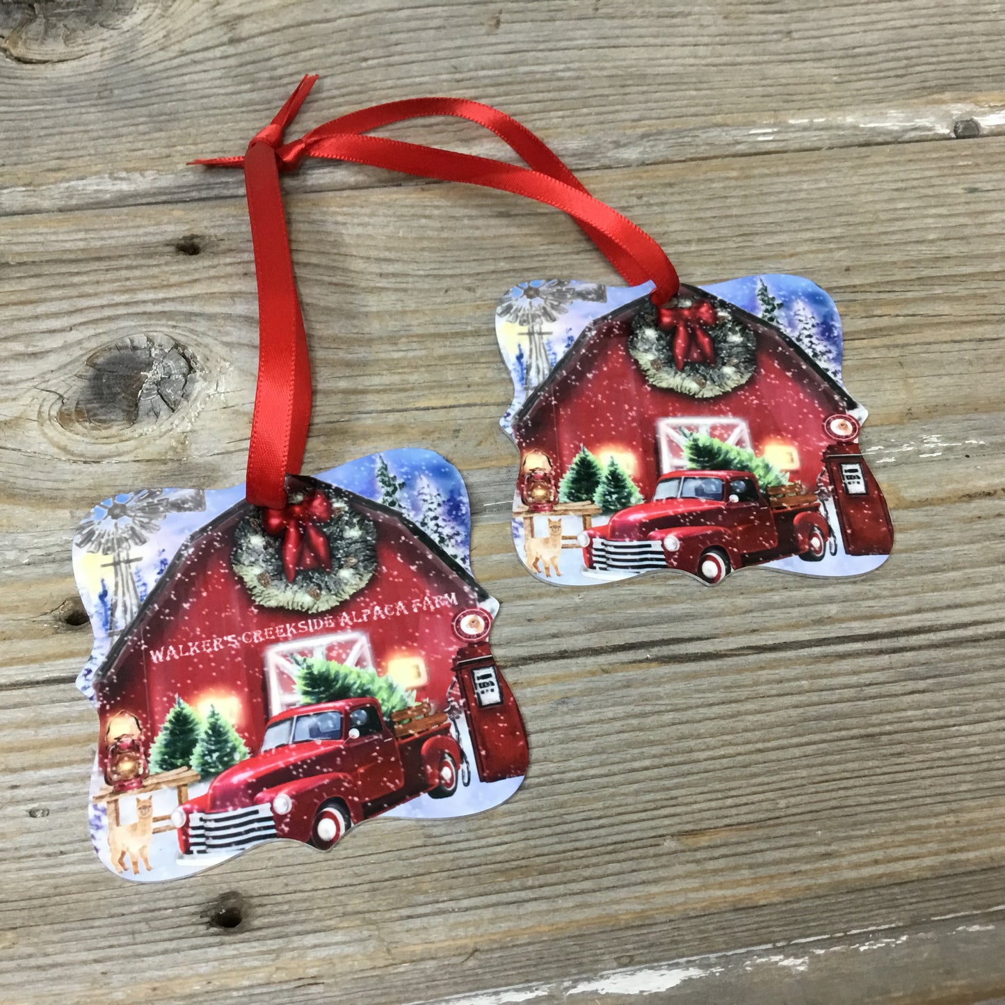 Red Truck Christmas on the Farm Alpaca Ornament Double Sided