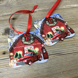 Red Truck Christmas on the Farm Alpaca Ornament Double Sided