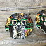Alpaca with Glasses Car Coasters, Set of 2 Car Coasters