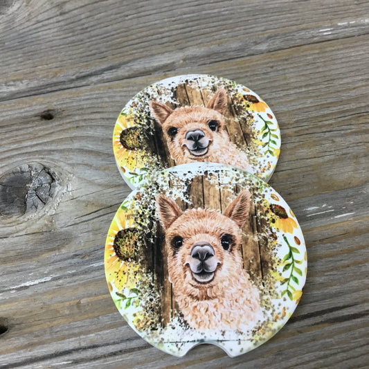 Sunflower Alpaca Rustic Wood Car Coasters, Set of 2