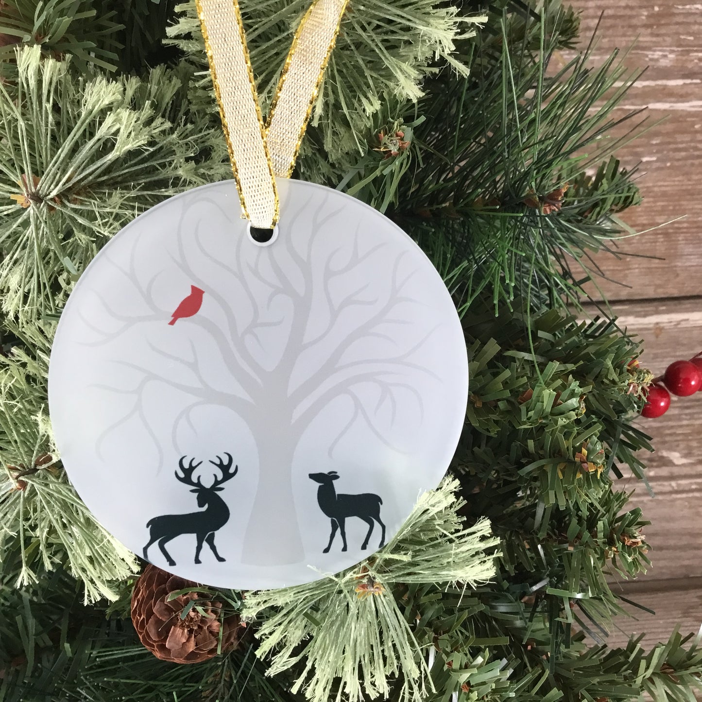 Cardinal & Deer Glass Christmas Ornament