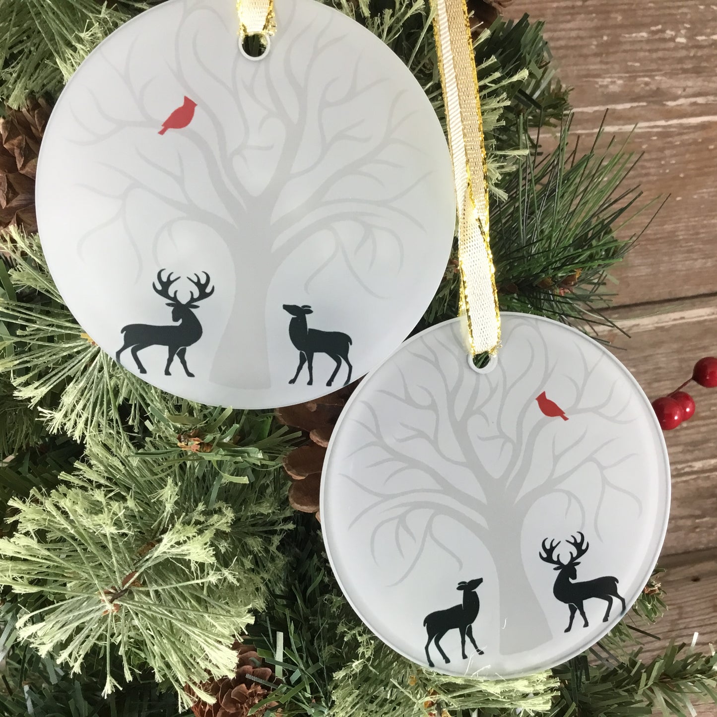 Cardinal & Deer Glass Christmas Ornament