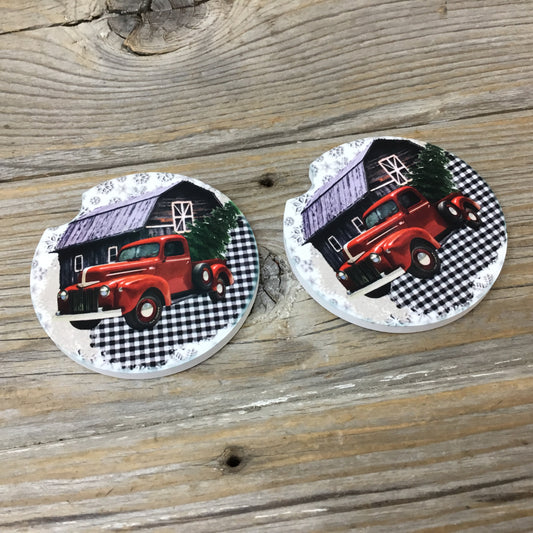 Red Truck Rustic Barn Car Coasters Set of 2