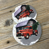 Red Truck Rustic Barn Car Coasters Set of 2