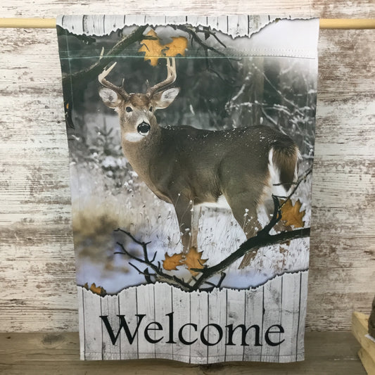Welcome Buck Deer Winter Garden Flag