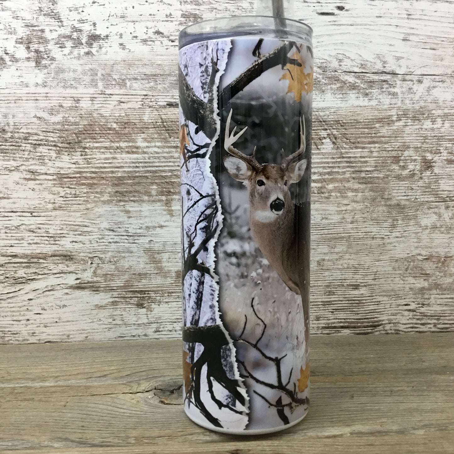 Deer Hunting Winter 20 oz Skinny Tumbler with Straw & Lid