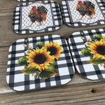 Rise and Shine Rooster Sunflower Rustic Farm Coasters Set of 6