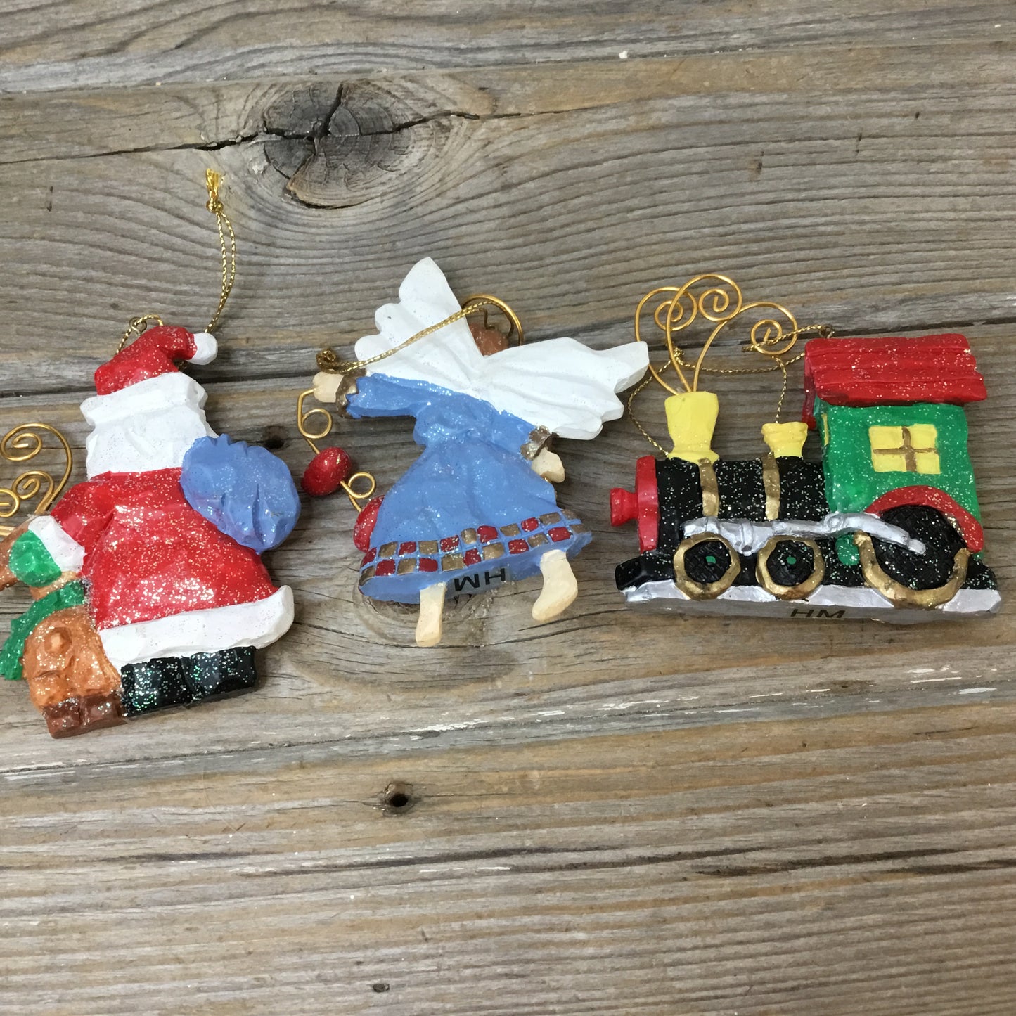 Avon Gift Collection Folkart Sparkle Ornaments Set of 3 Angel Santa Train