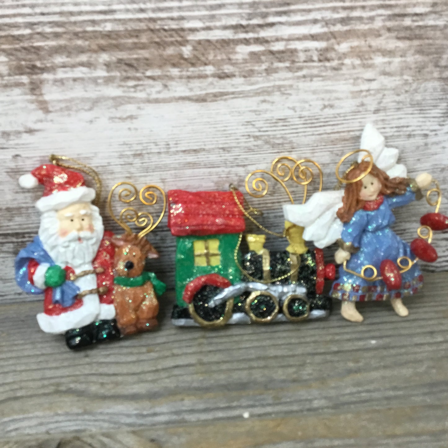 Avon Gift Collection Folkart Sparkle Ornaments Set of 3 Angel Santa Train