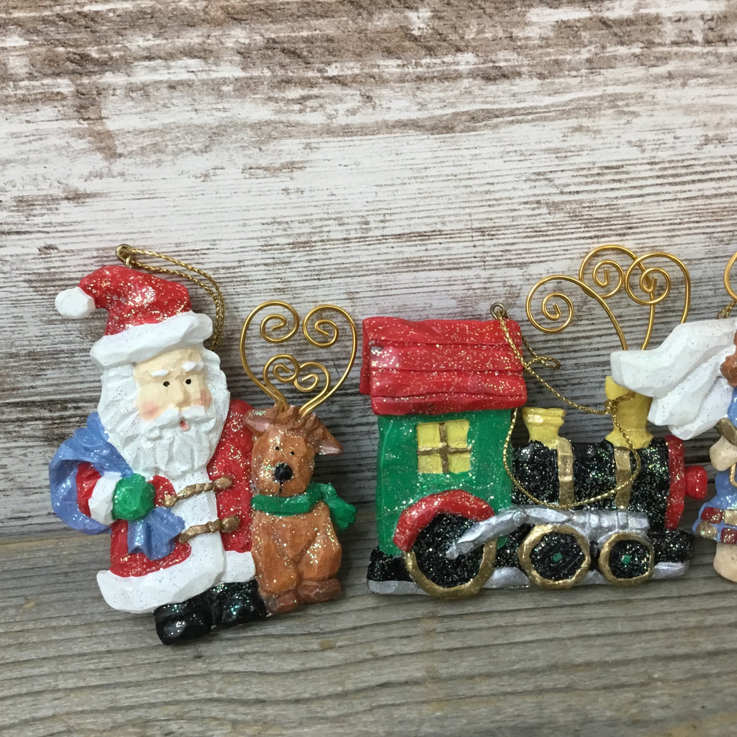 Avon Gift Collection Folkart Sparkle Ornaments Set of 3 Angel Santa Train