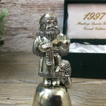 Close up of 1997 Silver Plated Santa Bell Making Spirits Bright Second Edition Madison Ave