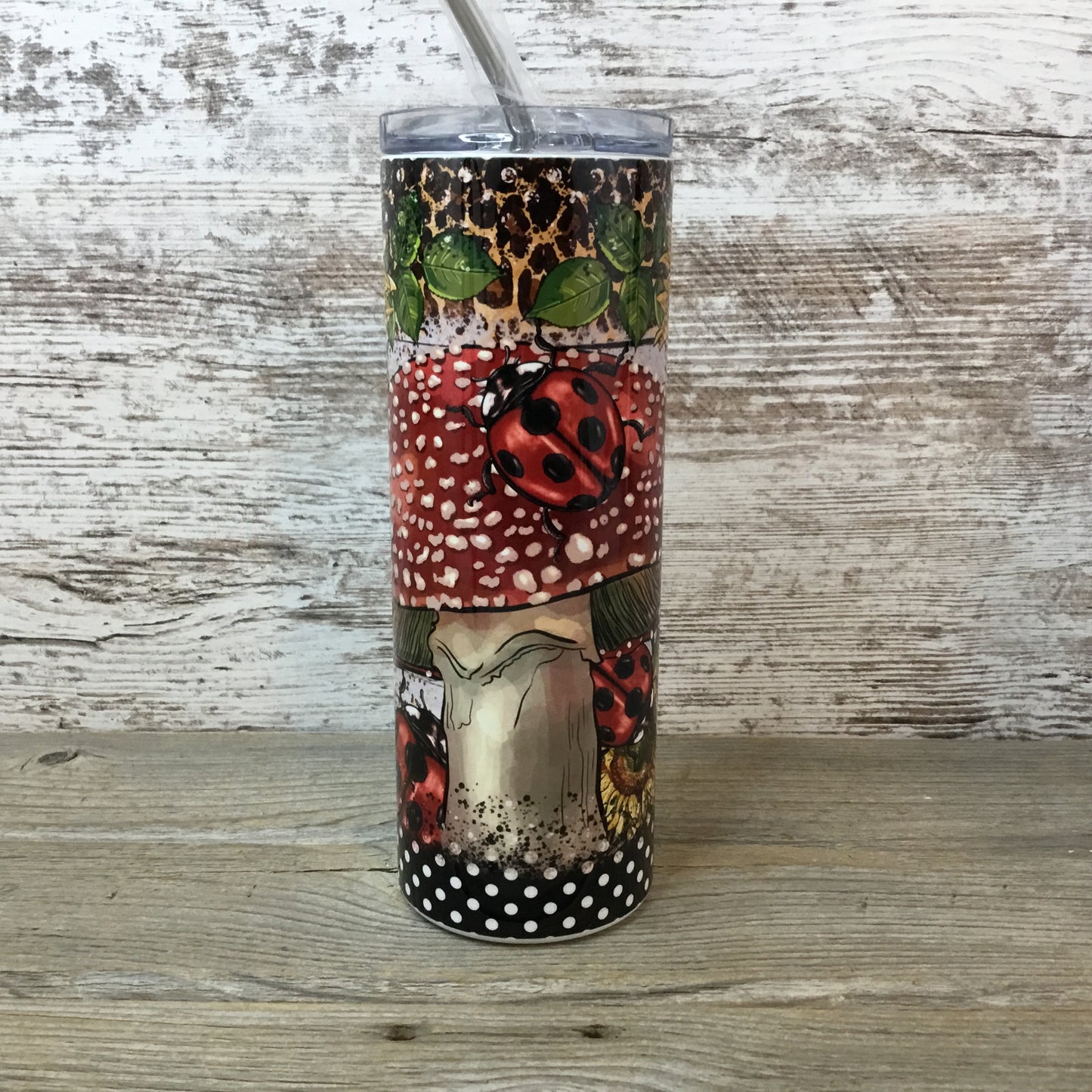 Lady Bug Mushroom 20 oz Skinny Tumbler with Lid and Straw