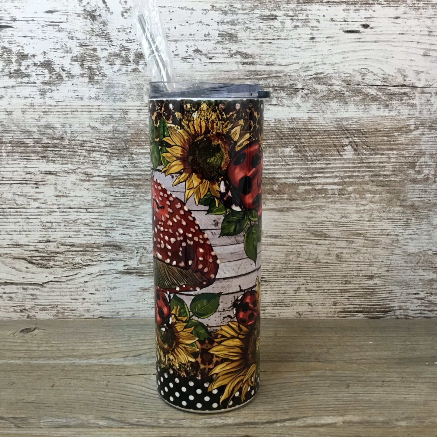 Lady Bug Mushroom 20 oz Skinny Tumbler with Lid and Straw