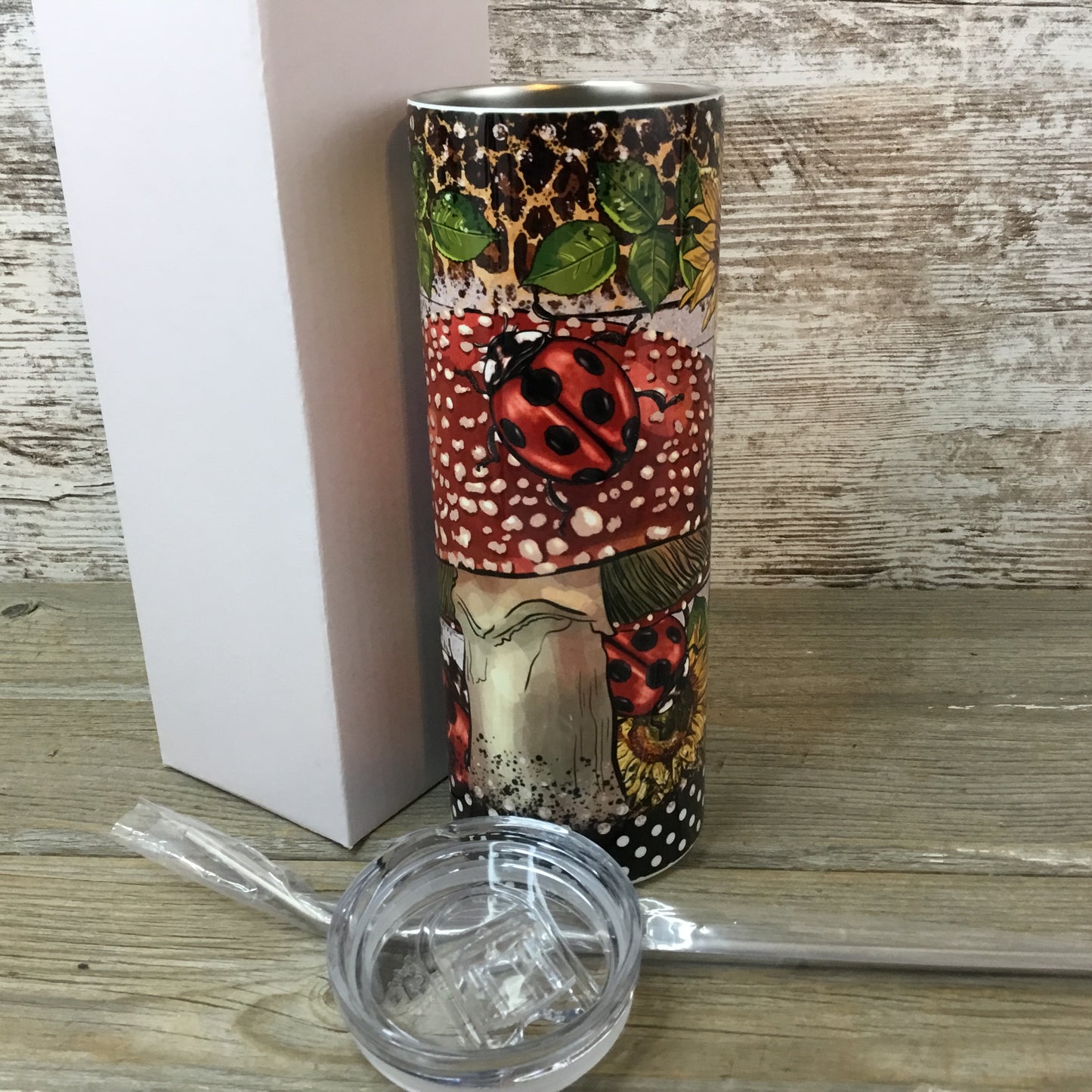 Lady Bug Mushroom 20 oz Skinny Tumbler with Lid and Straw