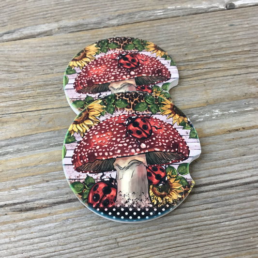 Lady Bug Mushroom Car Coasters, Set of 2