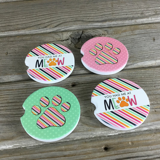 Cat Paw Print Meow Car Coasters, Set of 2 Car Coasters