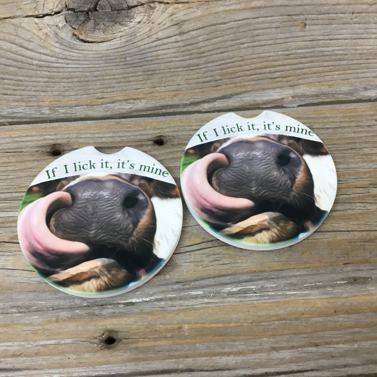 Cow Licking If I Lick It, It's Mine Car Coasters, Set of 2