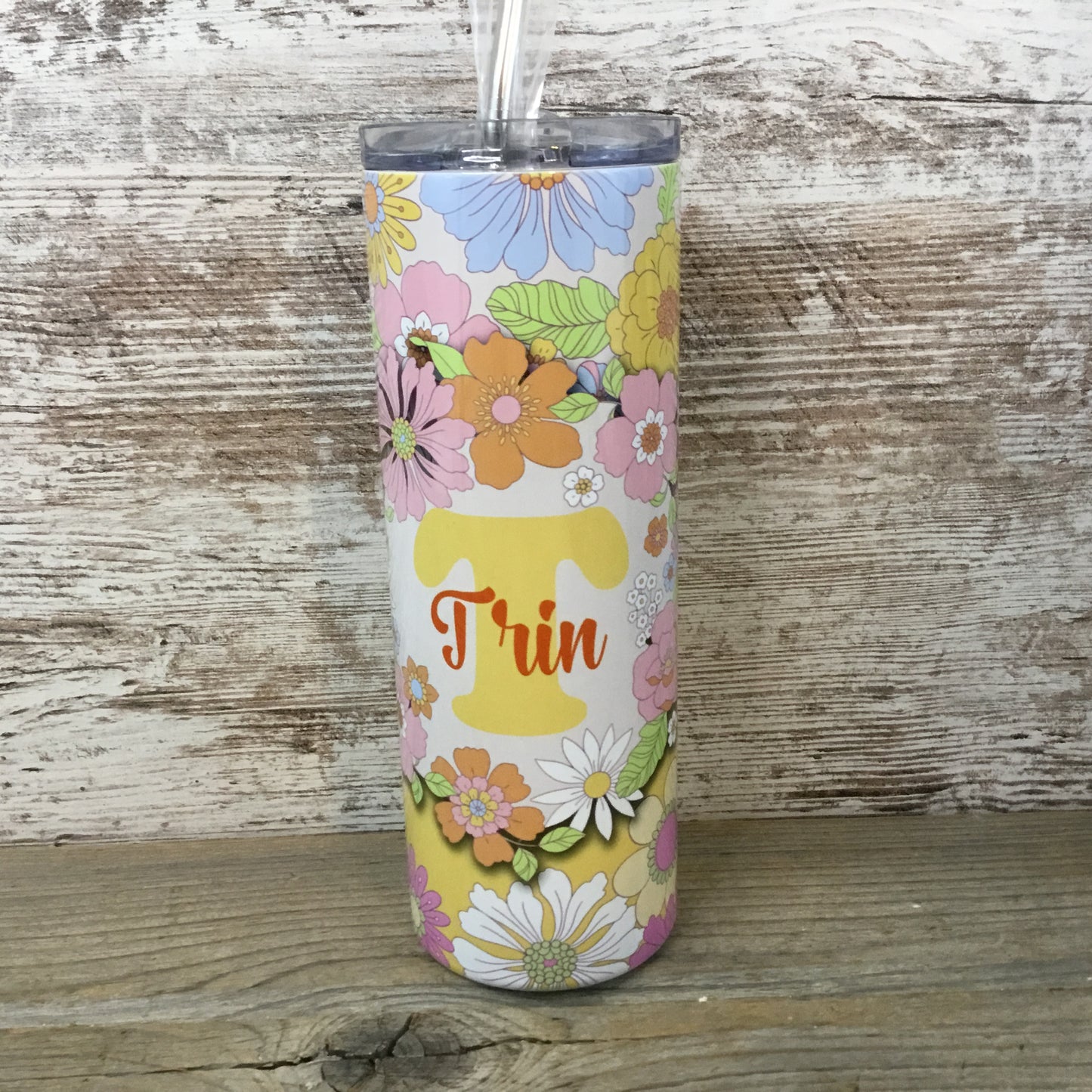 Retro Flowers Personalized Name 20 oz Skinny Tumbler with Lid and Straw