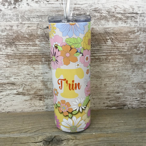 Retro Flowers Personalized Name 20 oz Skinny Tumbler with Lid and Straw