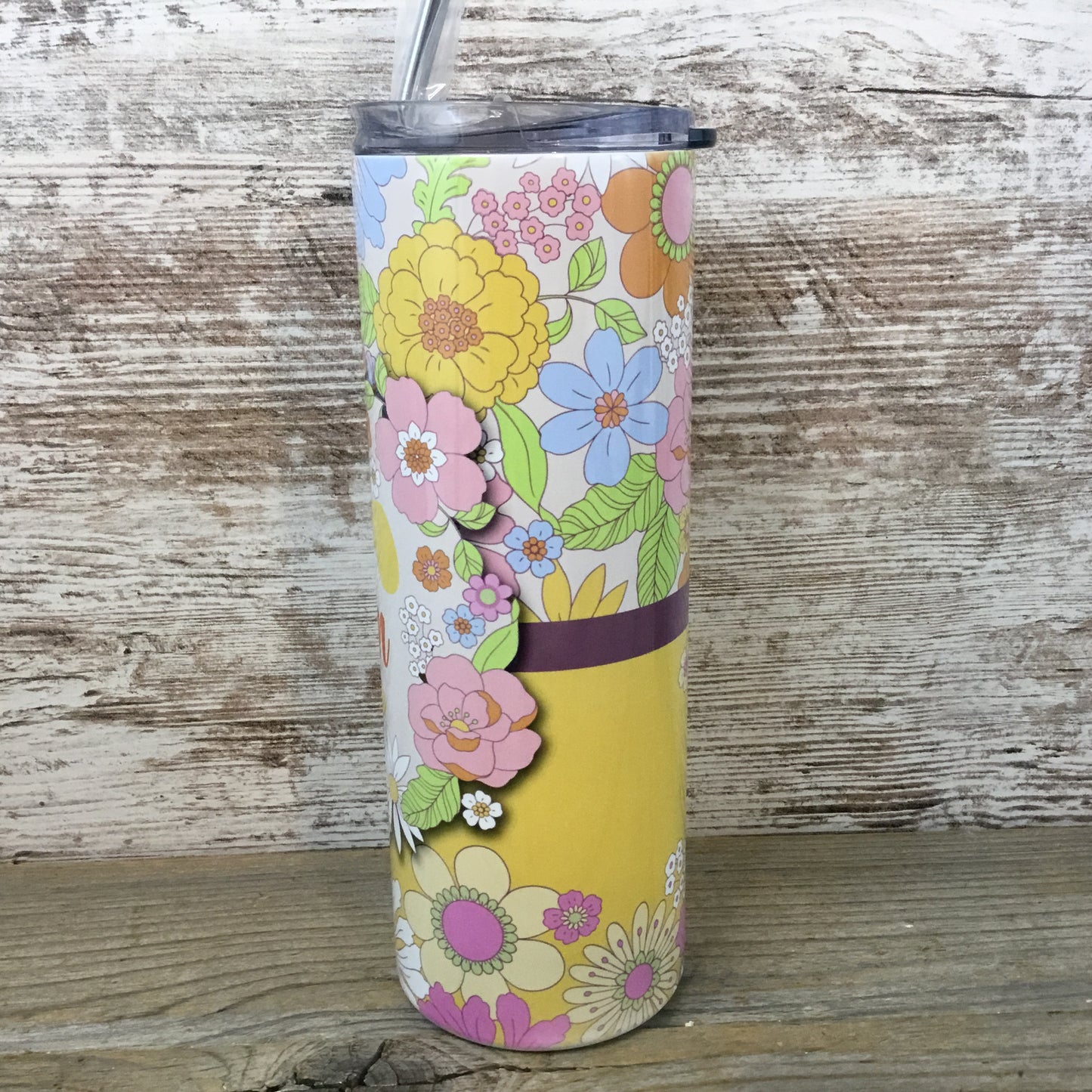 Retro Flowers Personalized Name 20 oz Skinny Tumbler with Lid and Straw