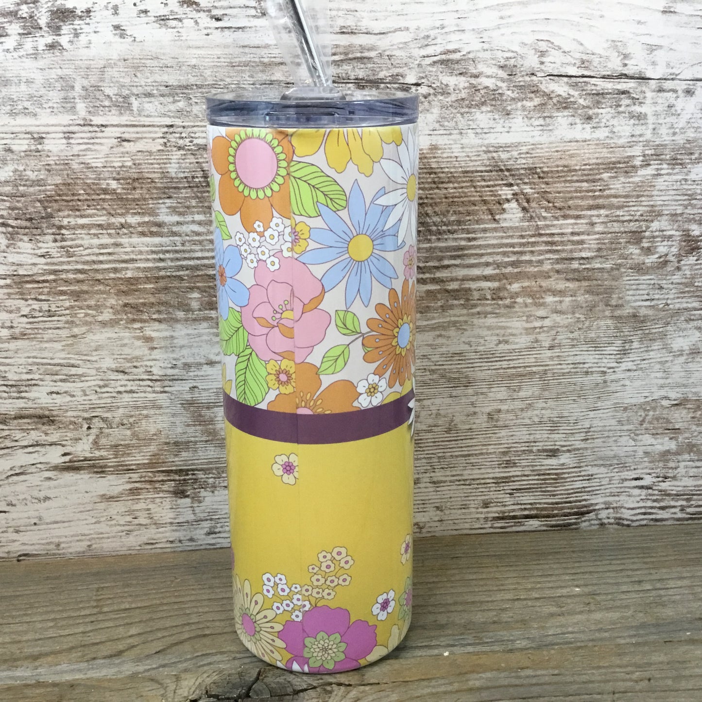 Retro Flowers Personalized Name 20 oz Skinny Tumbler with Lid and Straw