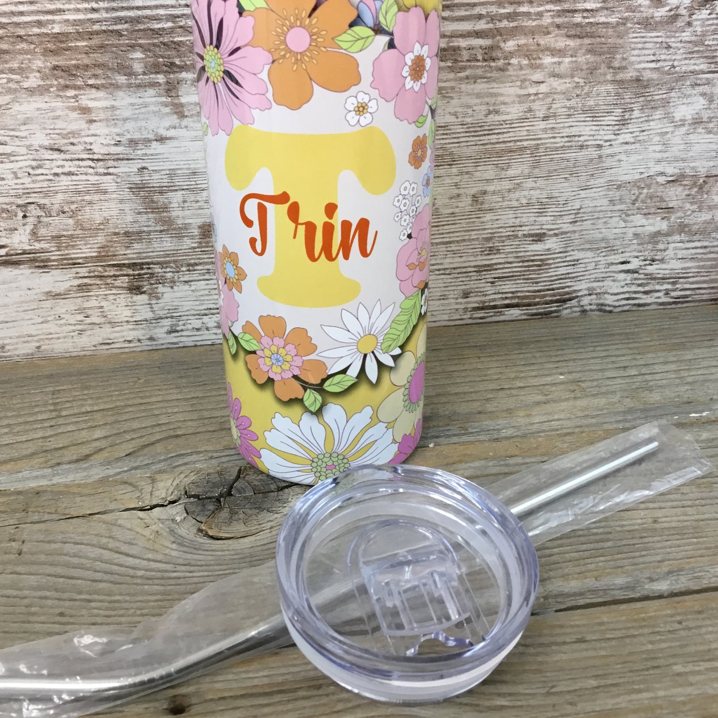 Retro Flowers Personalized Name 20 oz Skinny Tumbler with Lid and Straw