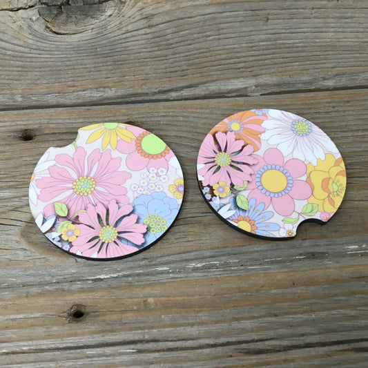 Retro Flowers Car Coasters, Set of 2 Car Coasters