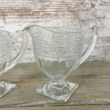 Vintage Indiana Clear Glass Daisy Pattern Footed Cream and Sugar