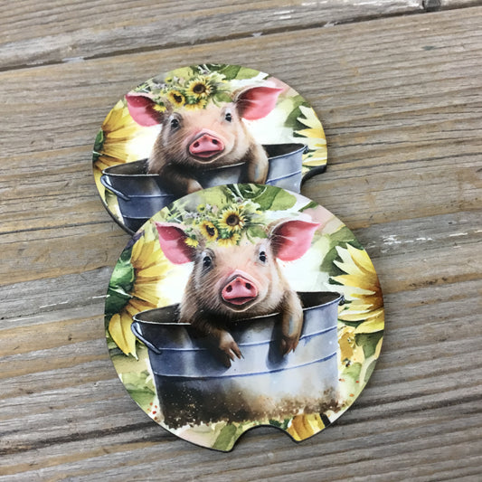 Pig Babies in Buckets Car Coasters, Set of 2 Car Coasters