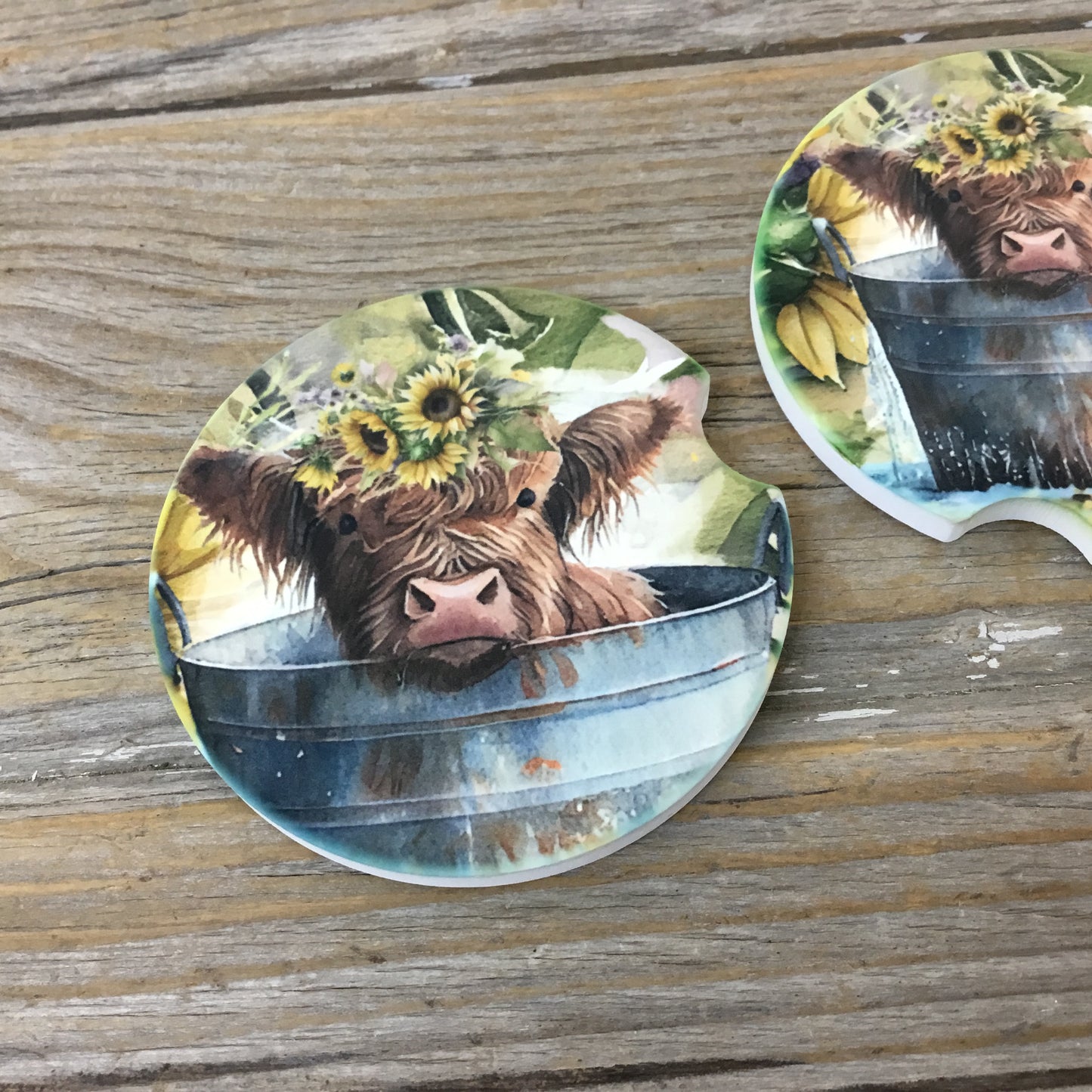 Highland Calf Babies in Buckets Car Coasters, Set of 2 Car Coasters