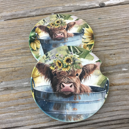 Highland Calf Babies in Buckets Car Coasters, Set of 2 Car Coasters