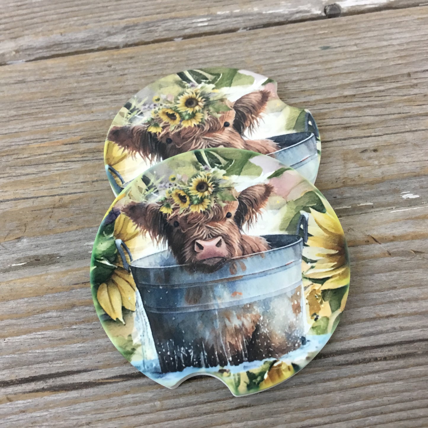 Highland Calf Babies in Buckets Car Coasters, Set of 2 Car Coasters