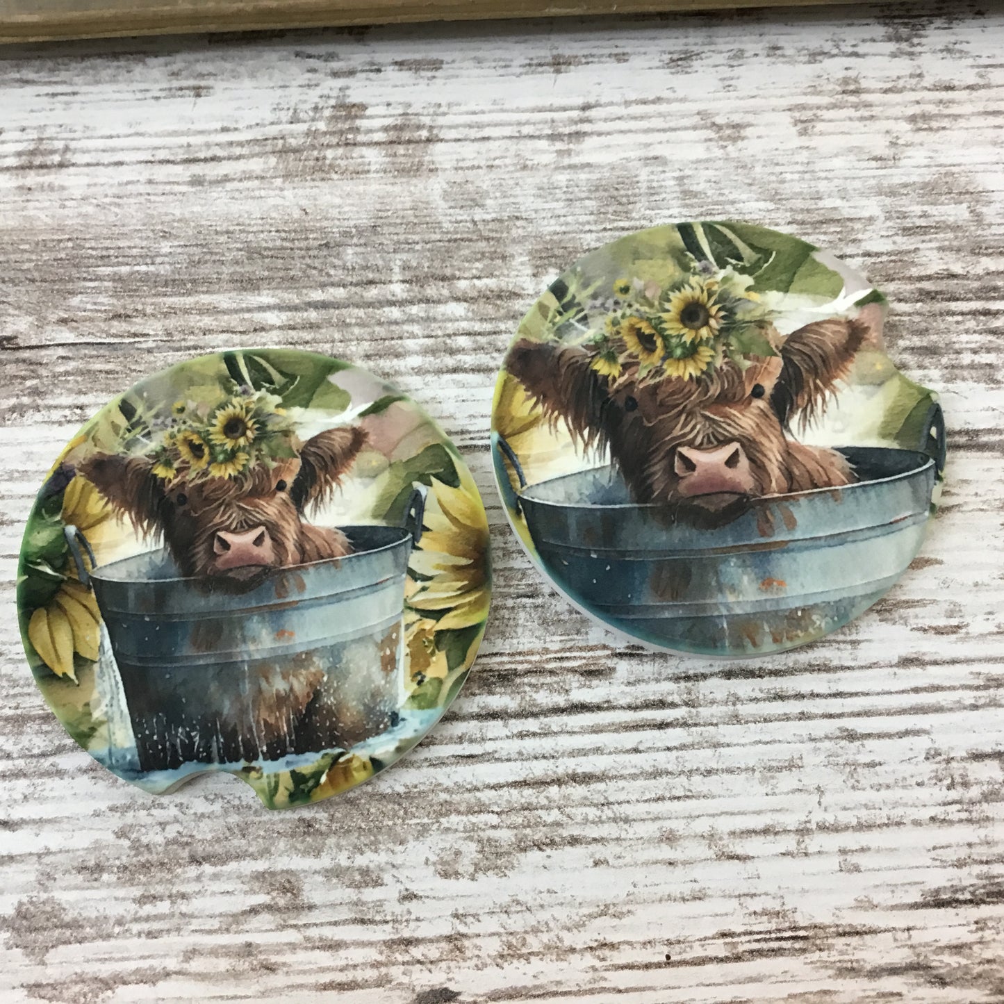 Highland Calf Babies in Buckets Car Coasters, Set of 2 Car Coasters